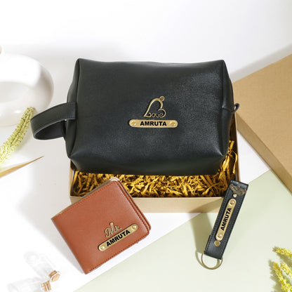 Black pouch and keychain with tan mens wallet
