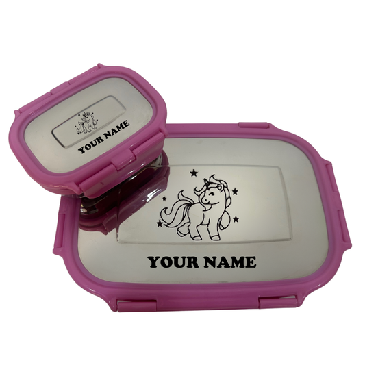 Pink tiffin box with bottle