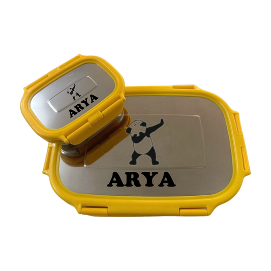 yellow tiffin box with bottle